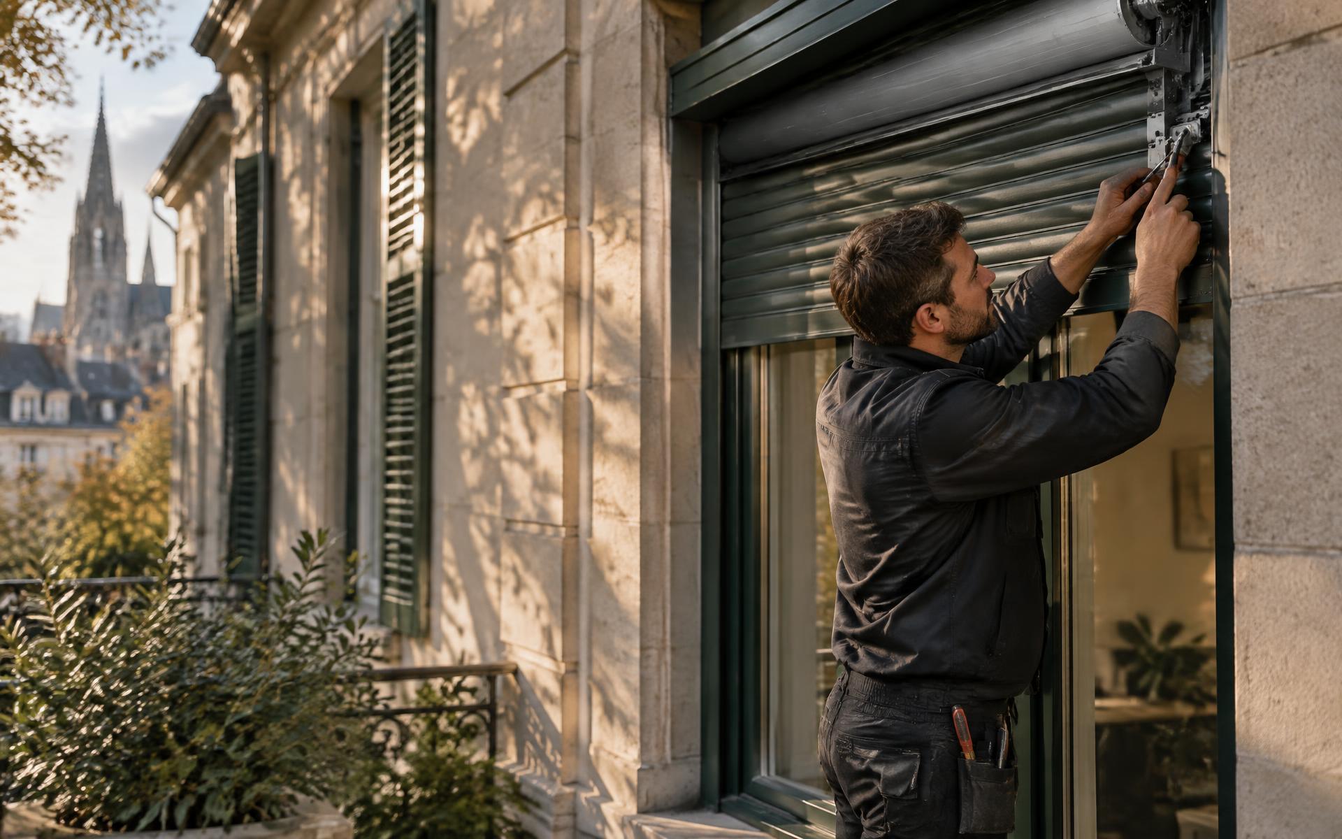 Artisan travaillant sur le mécanisme d'un volet roulant à Strasbourg