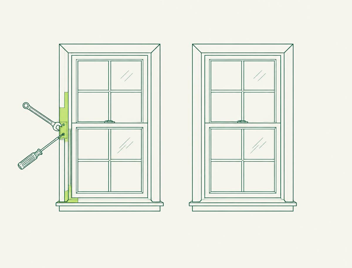 Illustration technique comparant une fenêtre réparée et une fenêtre neuve