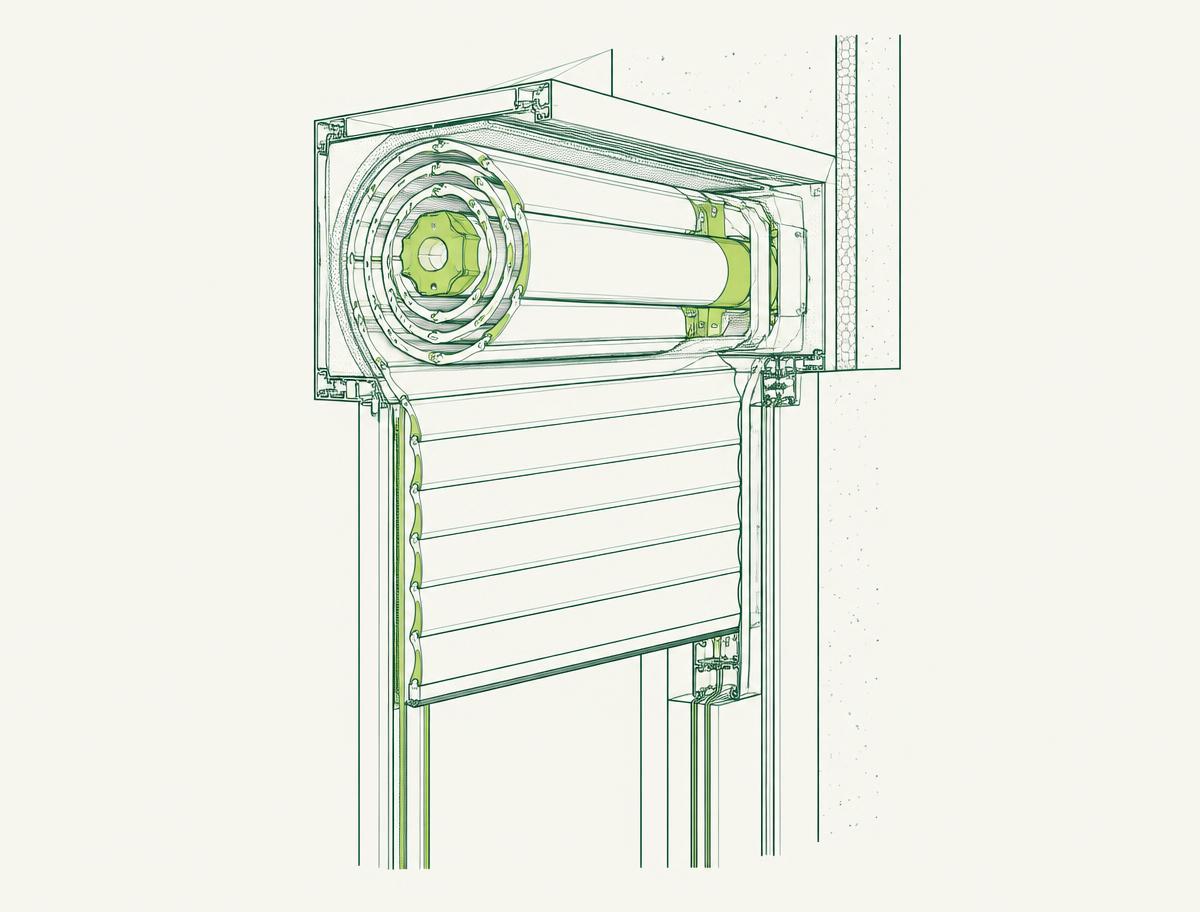 Illustration technique du mécanisme d'un volet roulant : caisson, lames et moteur